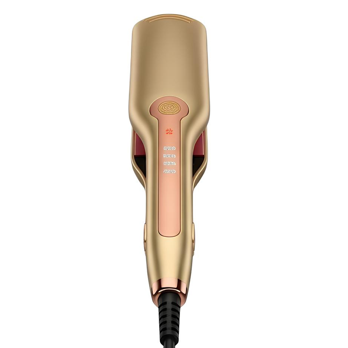 Goldener Haarglätter mit Roségold-Akzenten und schwarzem Kabel.