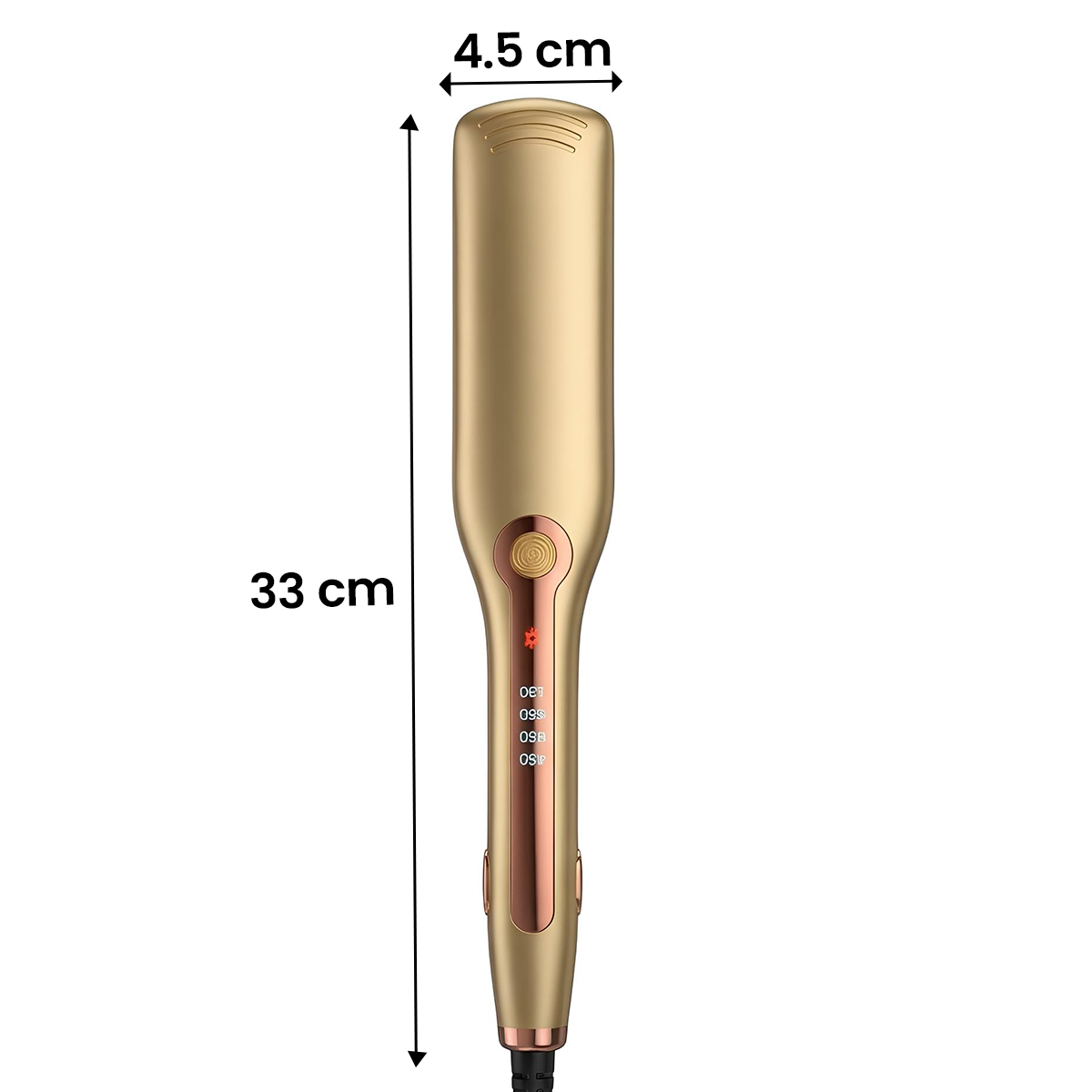 Goldener Haarglätter, 33 cm lang, 4,5 cm breit, mit Bedienelementen.