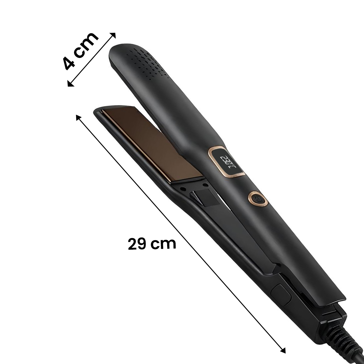 Schwarzer Haarglätter, 29 cm lang, 4 cm breit, mit digitaler Anzeige.