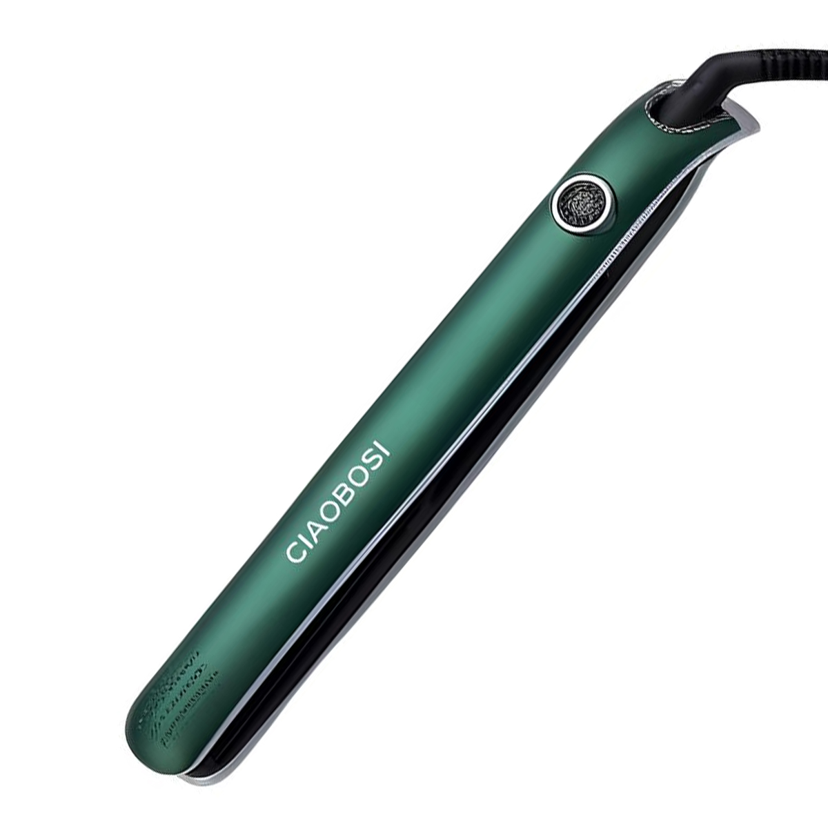 Ein grüner Haarglätter mit silbernen Akzenten und dem Logo "CIAOBOSI".