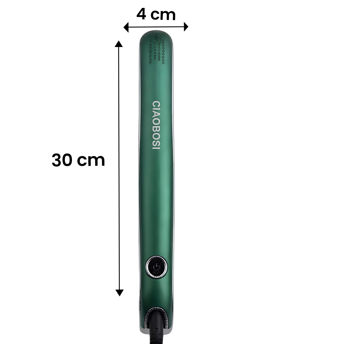 Grünes Glätteisen: 30 cm lang, 4 cm breit, mit Logo und Ein/Aus-Taste.