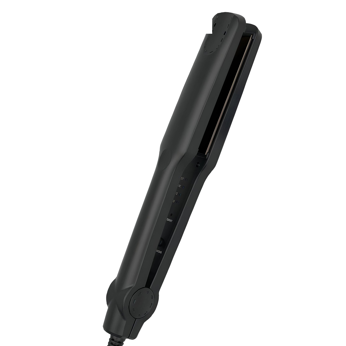 Schwarzer Haarglätter mit Temperaturregler und Kabel.