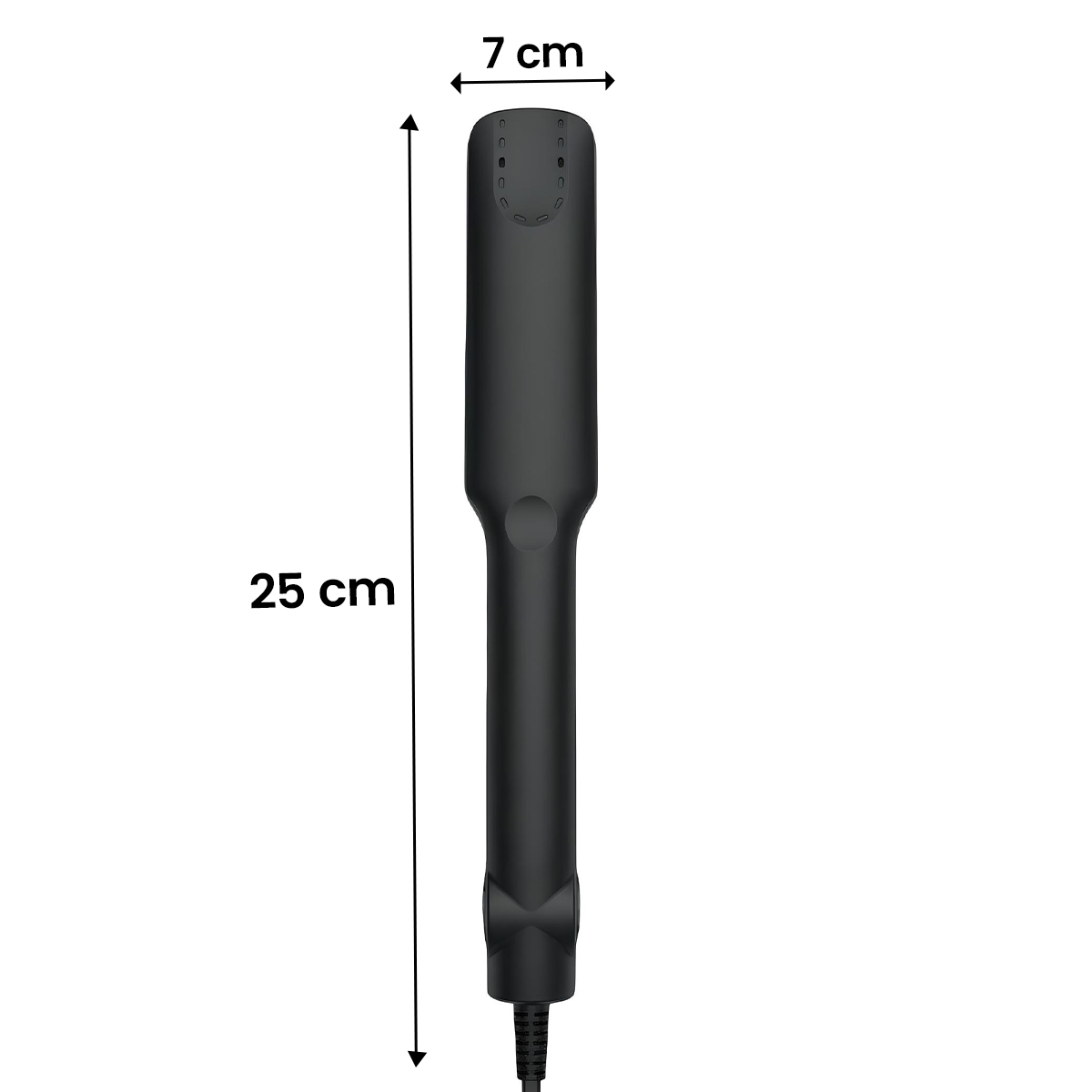 Schwarzer Haarglätter, 25 cm lang, 7 cm breit, mit Kabel.