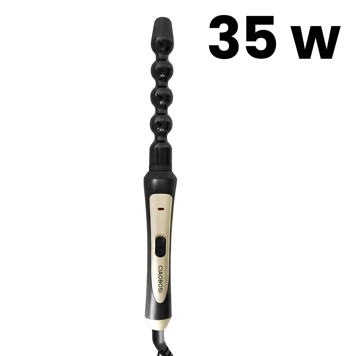 Un rizador negro con barril de cuentas y texto "35 W".