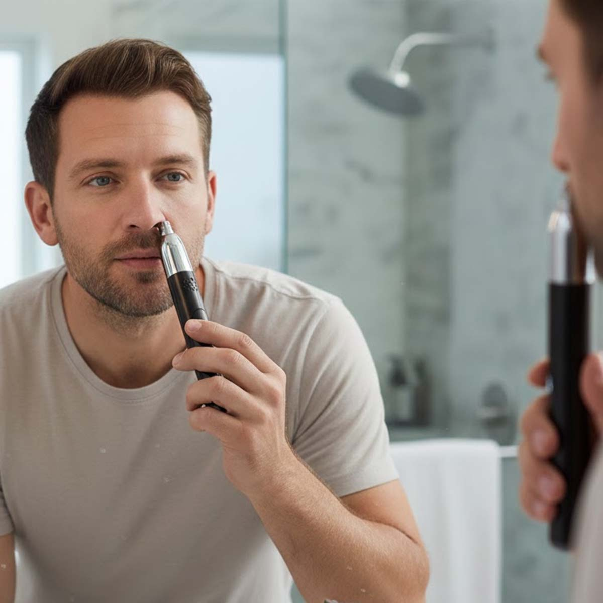 Un homme utilise un taille-narine dans la salle de bain, reflété dans le miroir.
