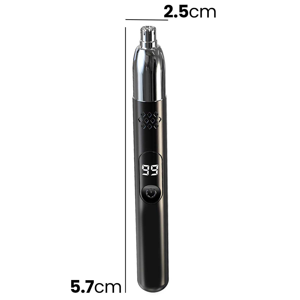 Tondeuse à nez noire avec écran numérique et tête argentée. 5,7 cm de haut.