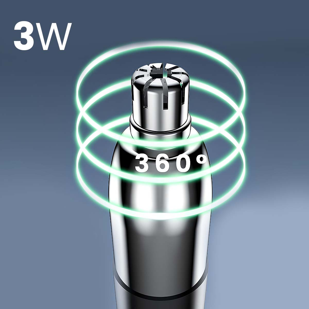 Tondeuse nasale argentée 3W avec cercles lumineux verts à 360°.