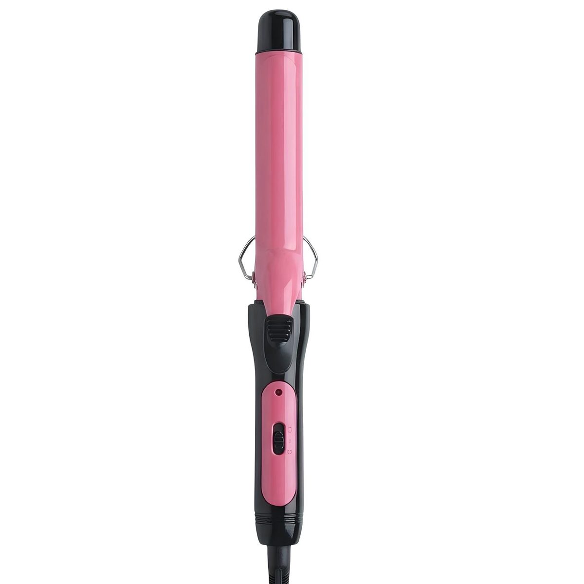 Un rizador rosa con mango negro y pinza plateada, sobre fondo blanco.