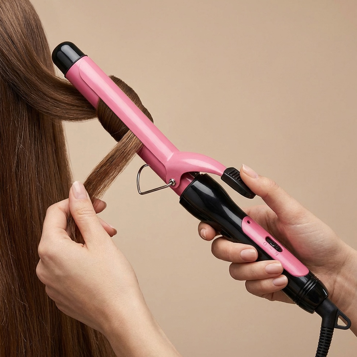 Una persona riza cabello castaño con un rizador rosa y negro.