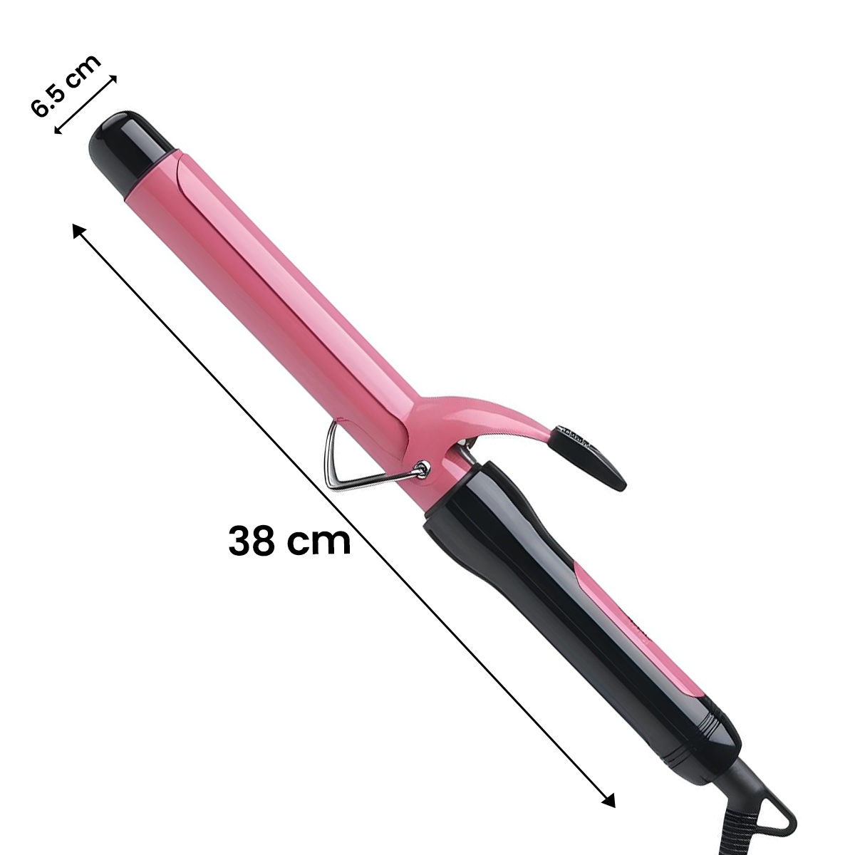 Un rizador rosa con mango negro y pinza metálica, de 38 cm.