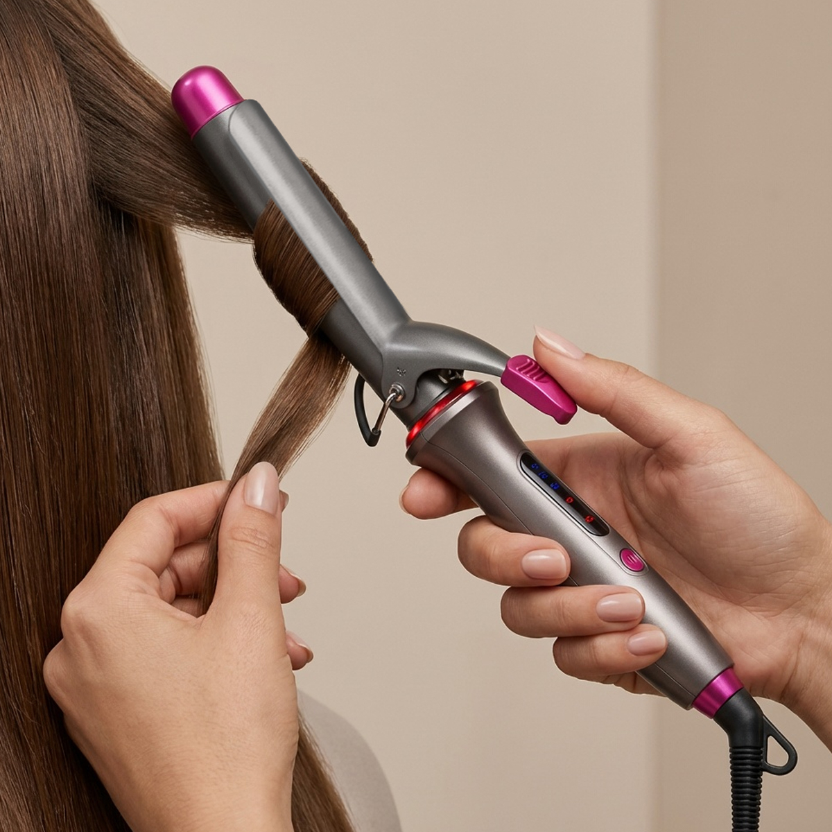 Una persona peina cabello castaño con un rizador gris con detalles rosas.