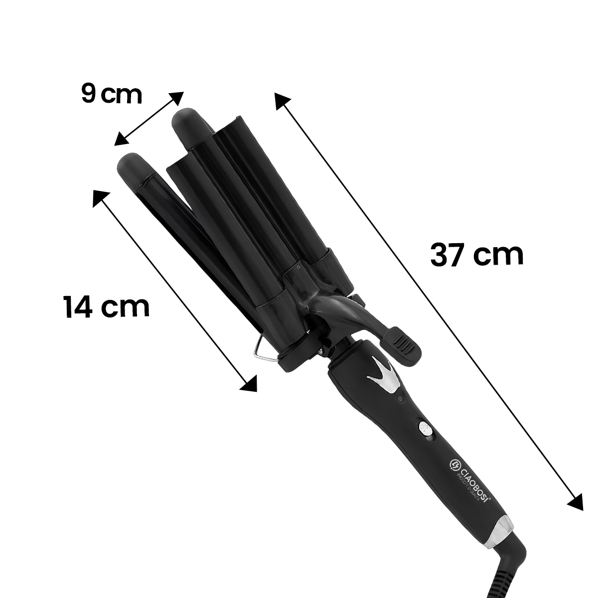 Rizador negro con tres barriles, mide 14cm y 37cm de largo, 9cm de ancho.