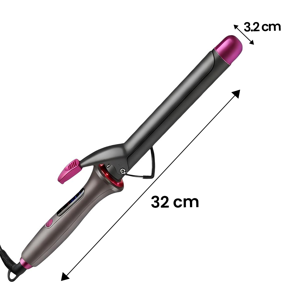 Un rizador negro con detalles rosas, de 32 cm de largo y 3,2 cm de ancho.