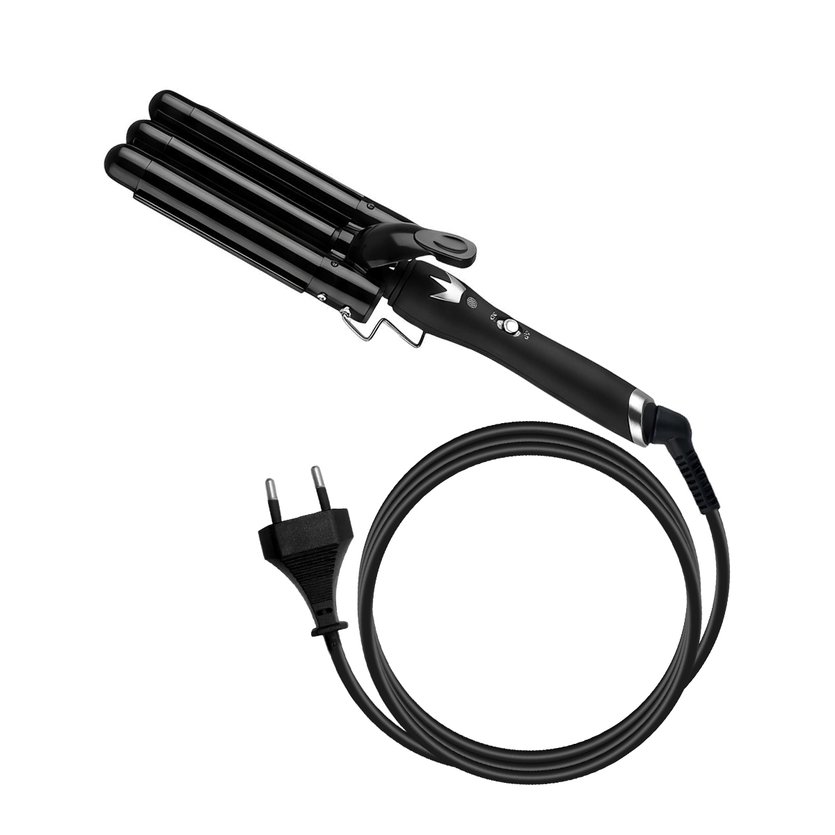 Rizador negro de triple barril con cable y enchufe sobre fondo blanco.