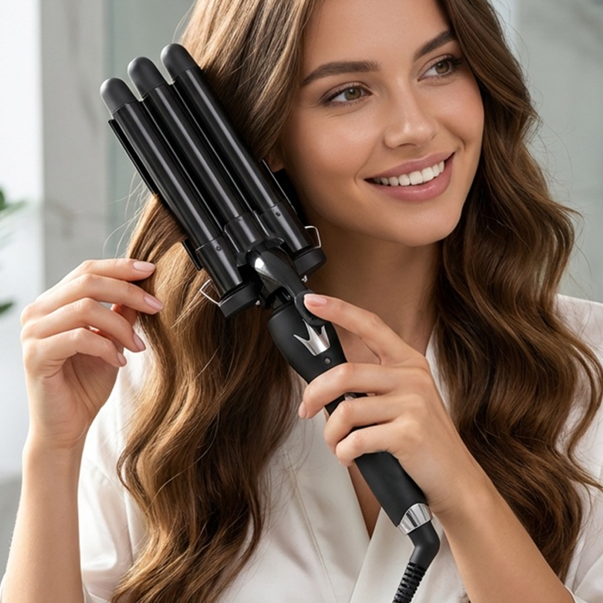 Una mujer sonriente con pelo largo y castaño usa un rizador triple de barril.
