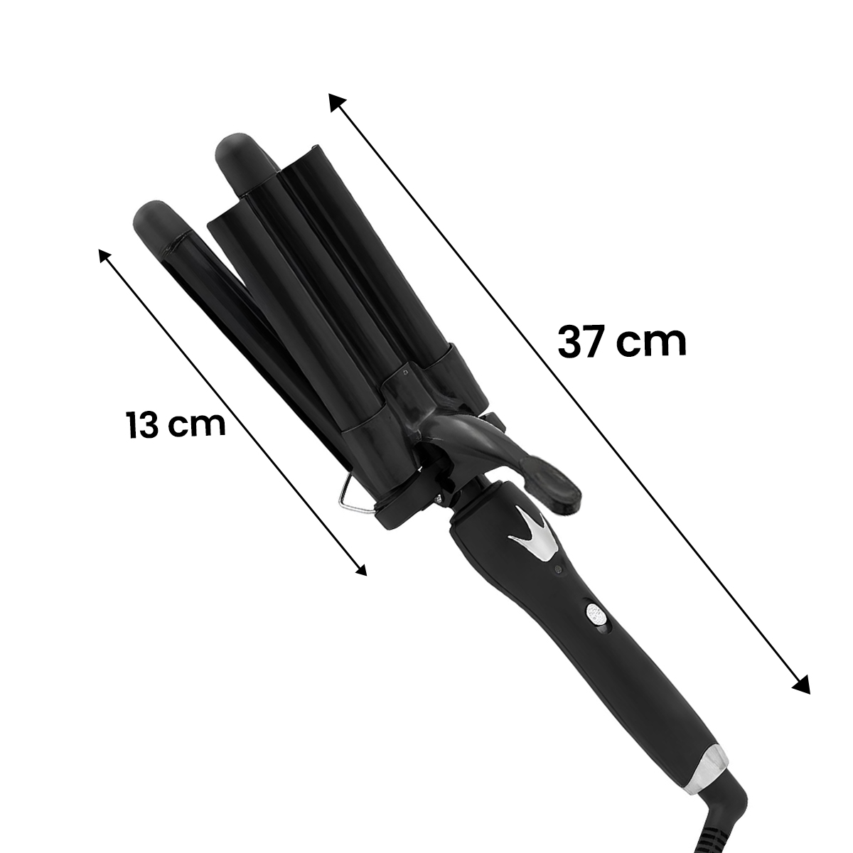 Rizador de pelo negro de tres barriles, 13 cm de ancho y 37 cm de largo.
