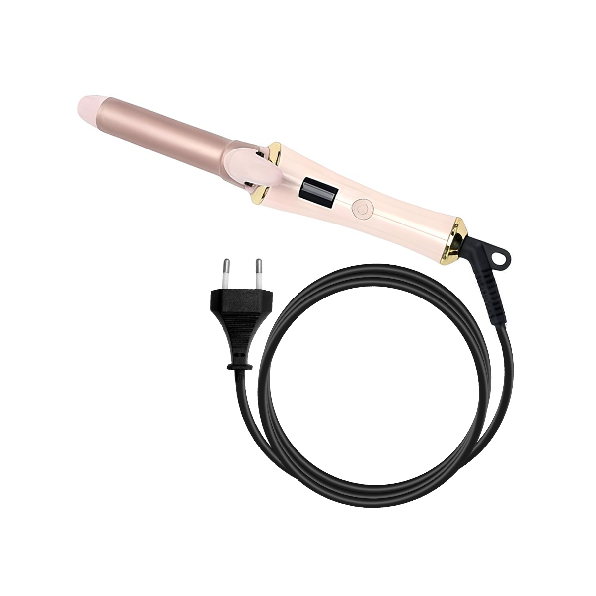 Ein roségoldener Lockenstab mit schwarzem Kabel und Stecker auf weißem Hintergrund.