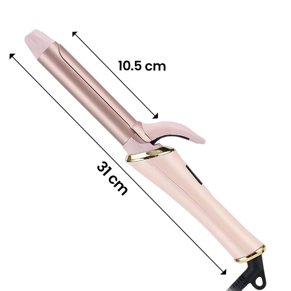 Ein roségoldener Lockenstab mit 31 cm Länge und 10,5 cm Heizfläche.