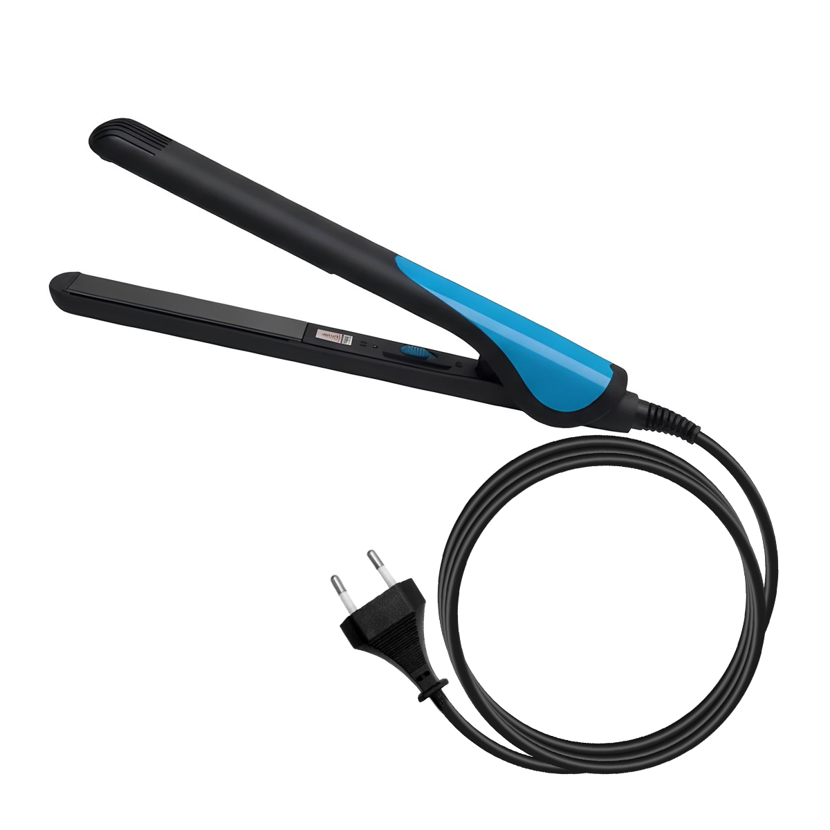 Ein schwarzer und blauer Haarglätter mit Kabel und Stecker.