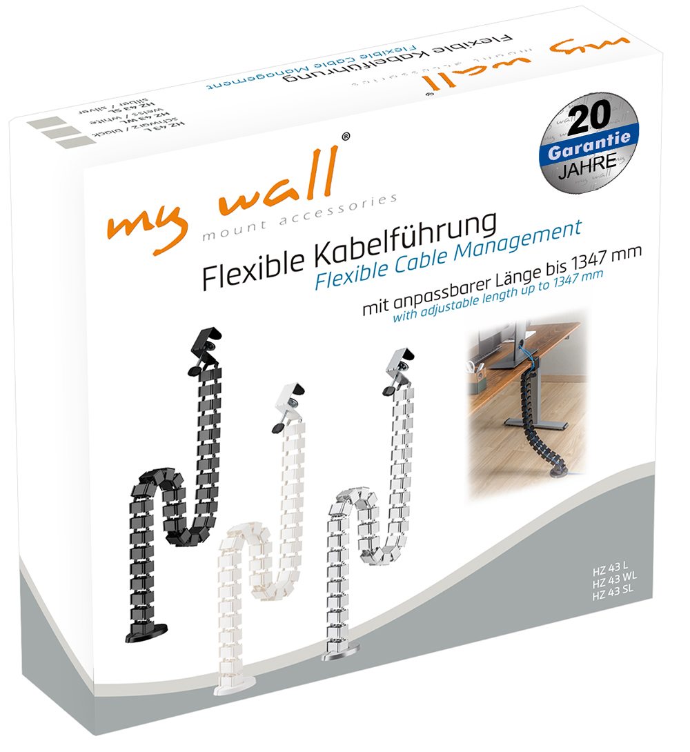 Verpackung für Kabelmanagement-Systeme in Schwarz, Weiß und Silber.
