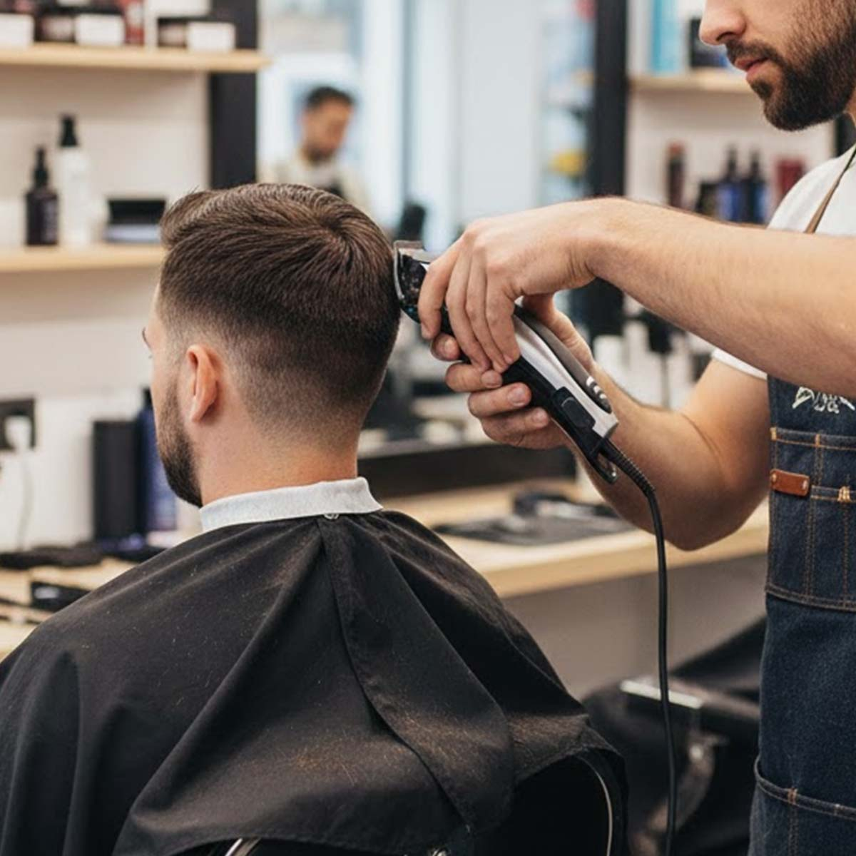 Un coiffeur coupe les cheveux d'un homme avec une tondeuse dans un salon.