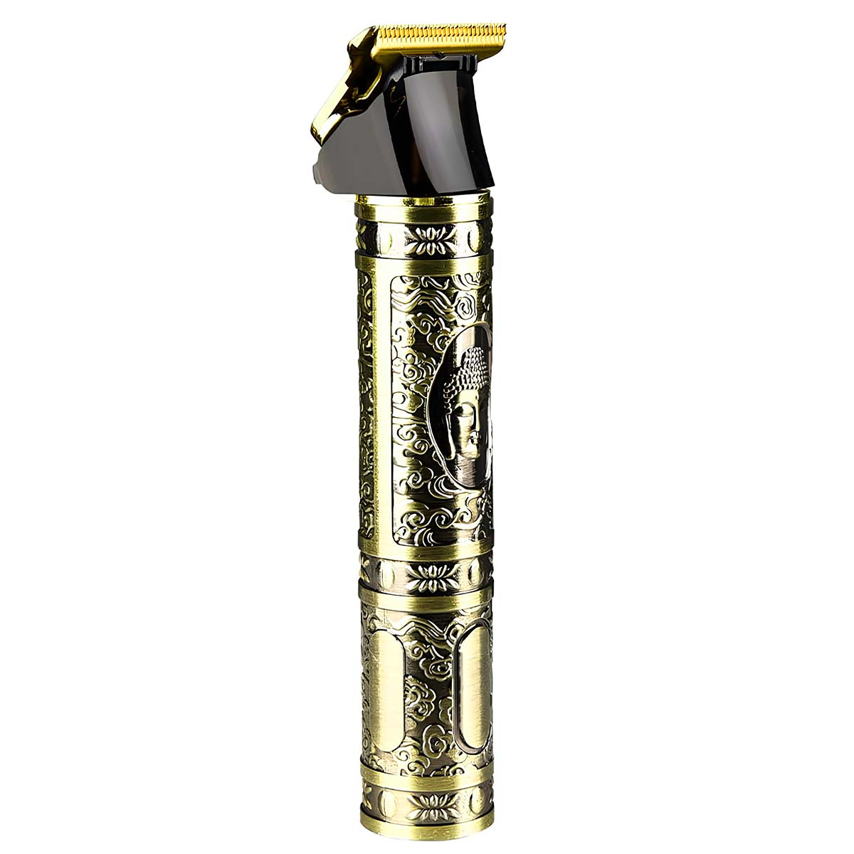 Une tondeuse dorée avec motif de Bouddha et accents noirs.