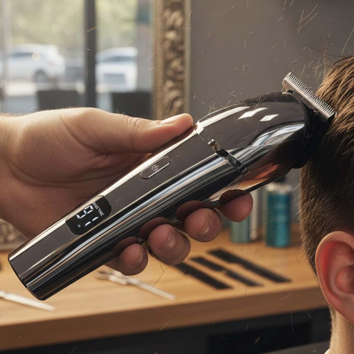 Un barbier tient une tondeuse argentée, rasant la tête d'une personne.