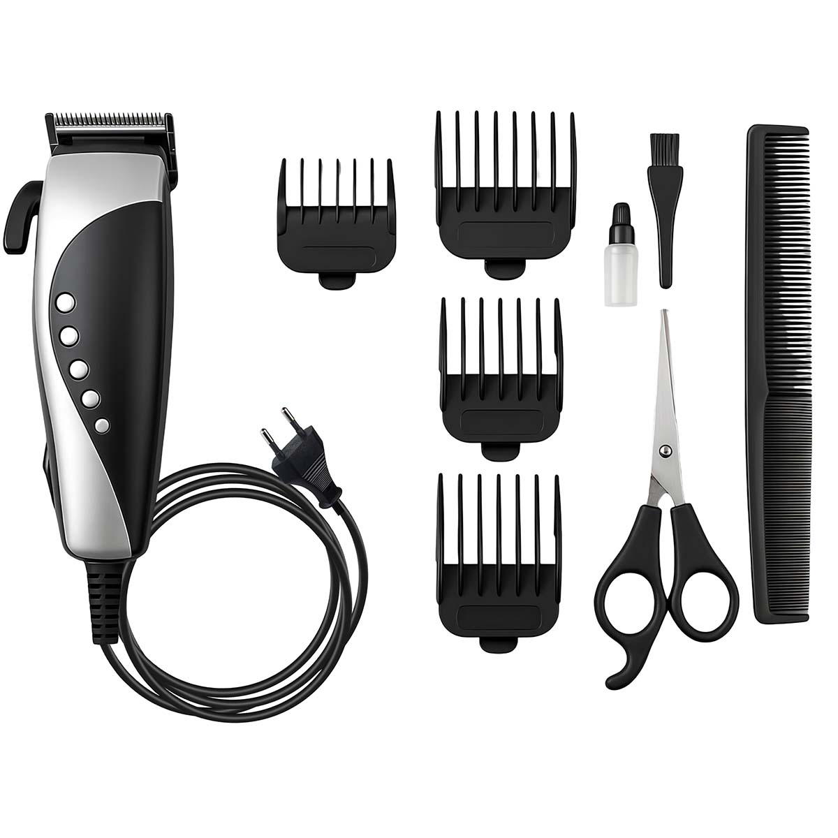 Set de tondeuse à cheveux avec accessoires : sabots, ciseaux, peigne, huile, brosse.