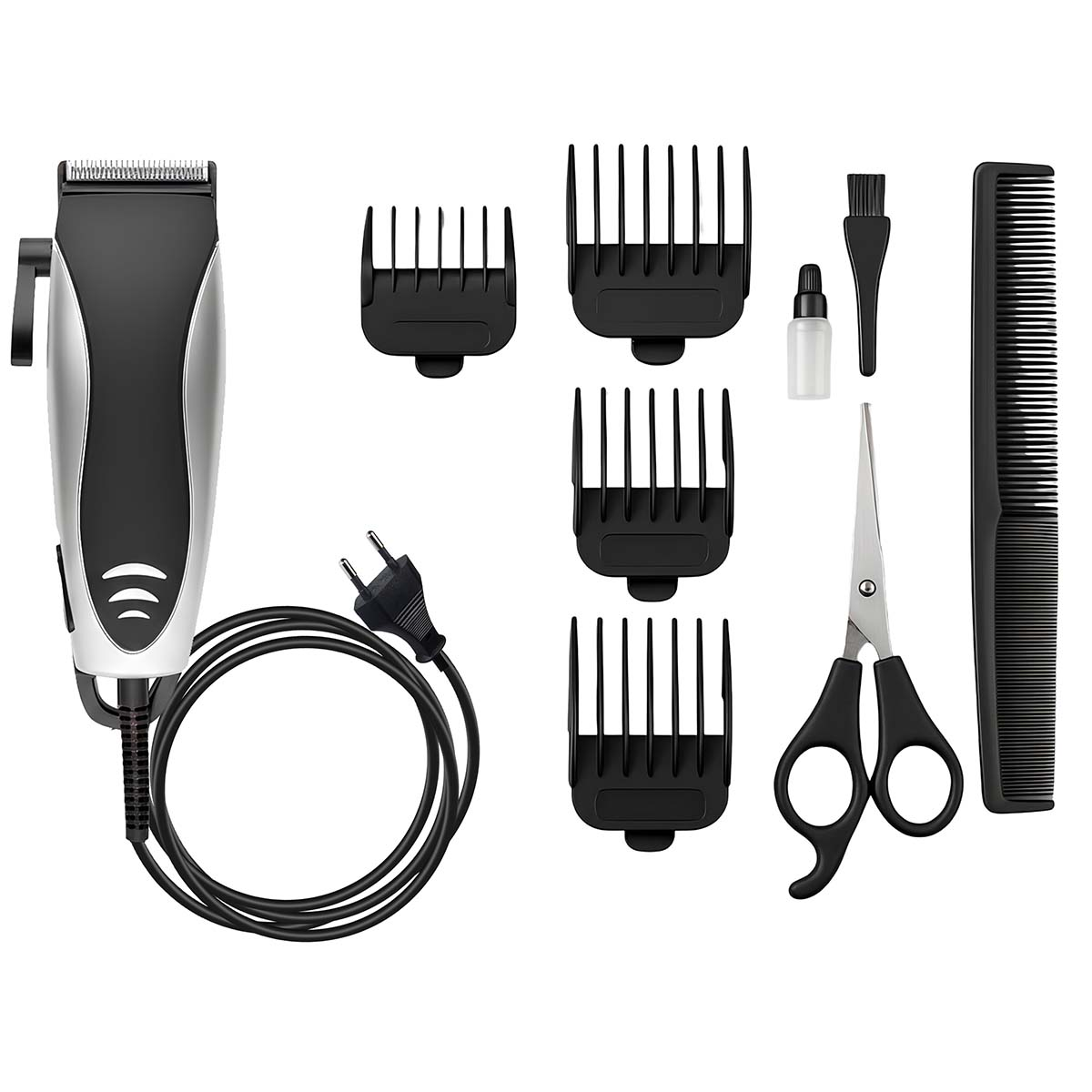 Ensemble de tondeuse à cheveux avec cordon, peignes, ciseaux, brosse et flacon d'huile.