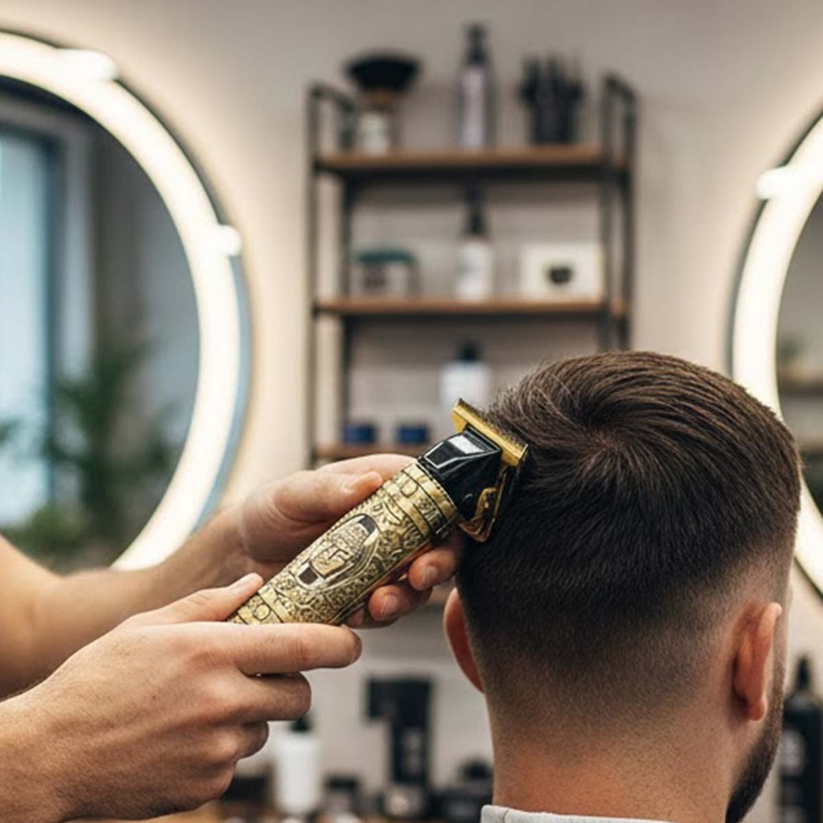 Les cheveux d'un homme sont coupés avec une tondeuse électrique dorée.