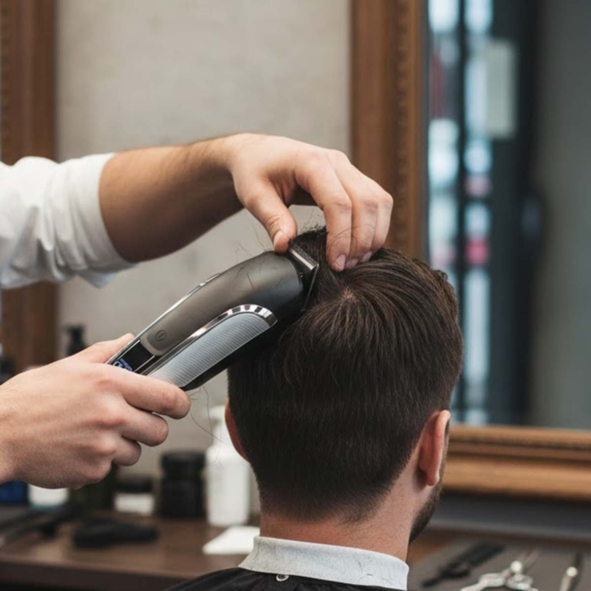 Ein Friseur schneidet mit einem Haarschneider das dunkle Haar eines Mannes.