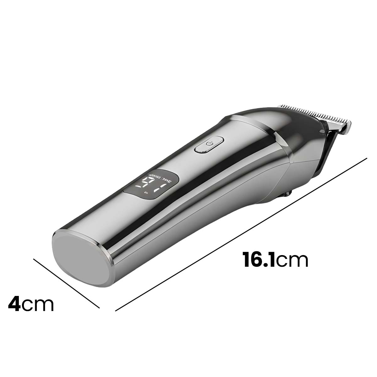 Une tondeuse à cheveux électrique argentée avec écran numérique, mesure 16,1 cm de long et 4 cm de large.