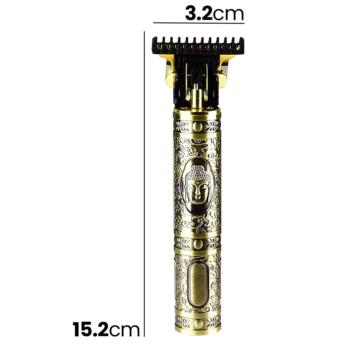 Tondeuse dorée avec gravure de Bouddha, 15,2cm de long, 3,2cm de large.