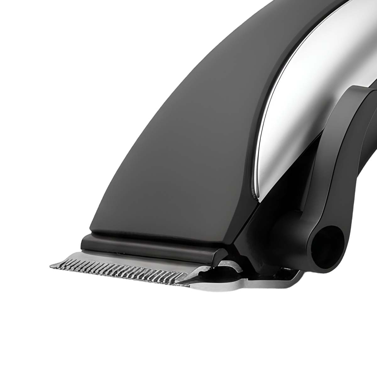 Gros plan d'une tondeuse à cheveux noire avec lames argentées.