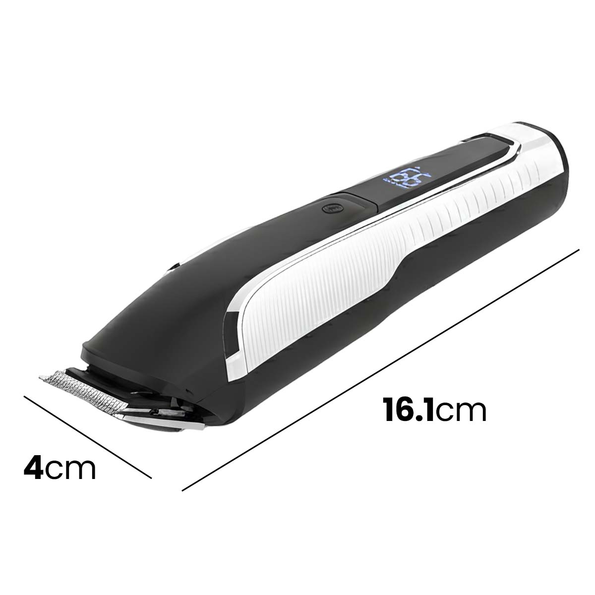 Schwarzer Haarschneider mit digitaler Anzeige und Größenangaben.