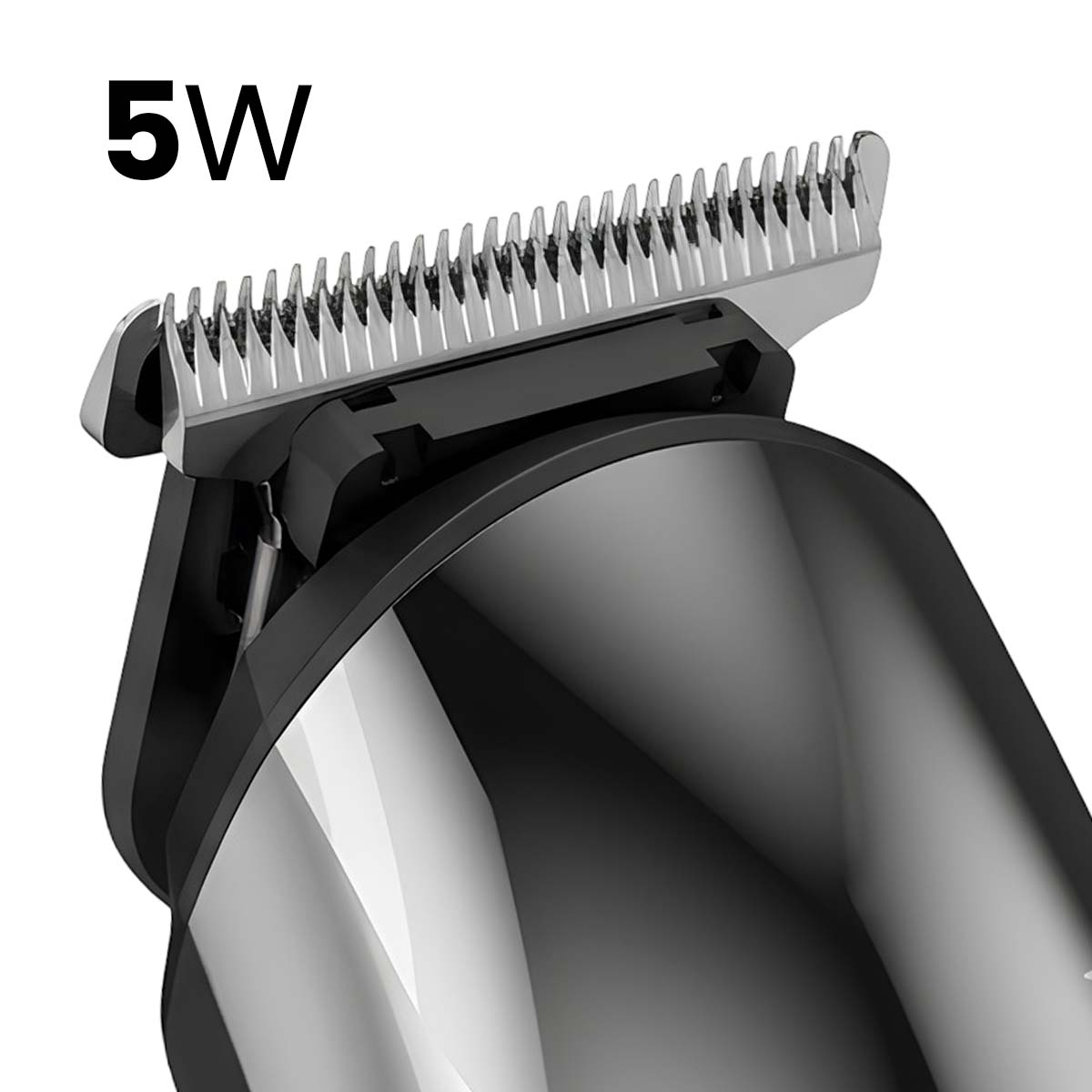 Gros plan d'une tondeuse à cheveux noire avec lames argentées. "5W".