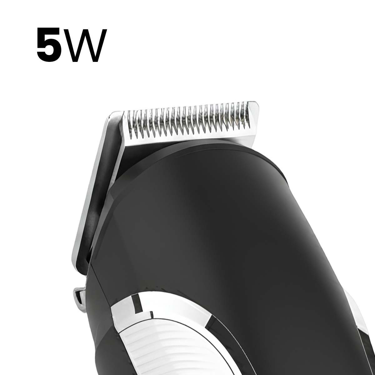 Nahaufnahme eines schwarzen Trimmers mit silberner Klinge und "5W"-Beschriftung.