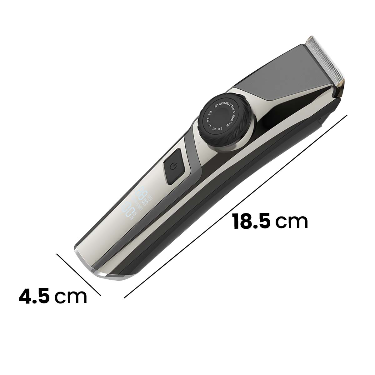 Un recortador plateado y negro con pantalla LCD y dial de longitud. Mide 18,5 cm y 4,5 cm.