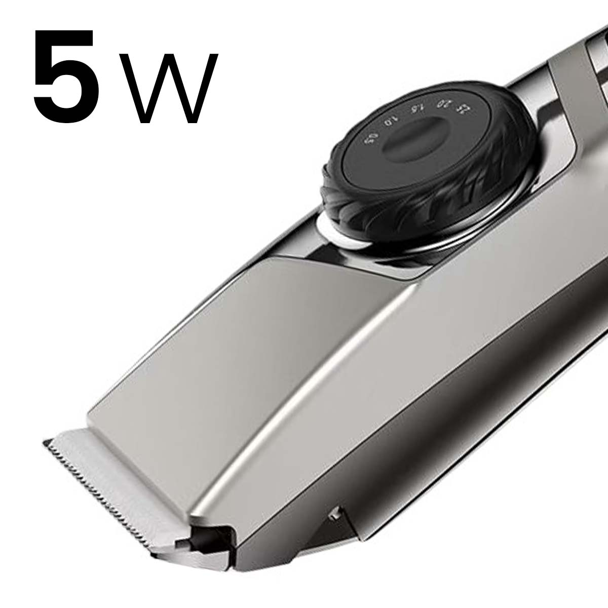 Primer plano de una cortapelos plateada con dial de ajuste negro, texto 5W.