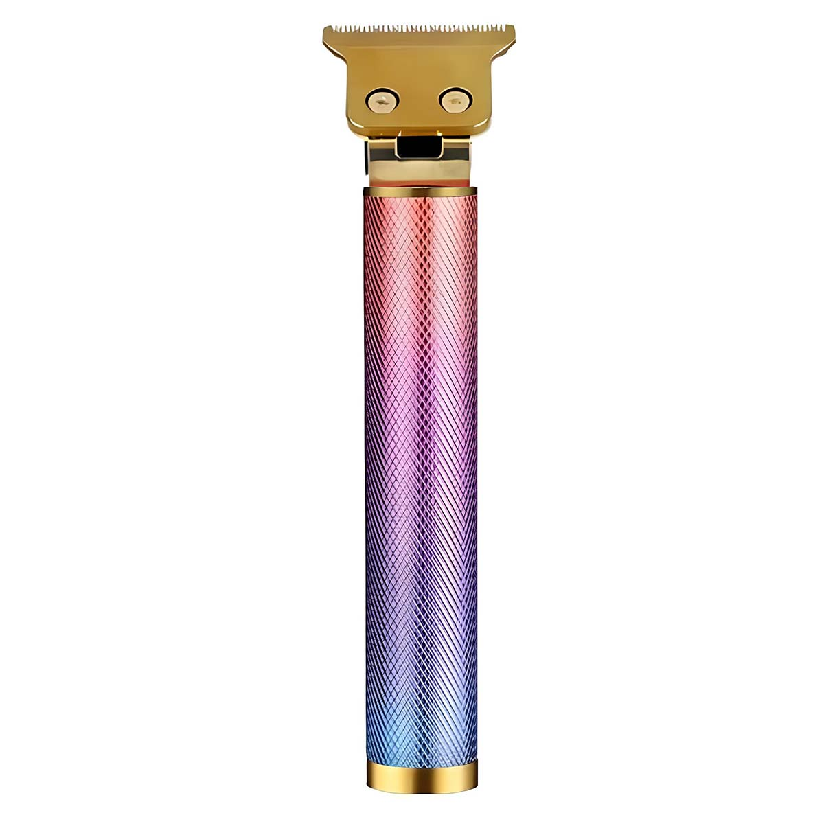 Une tondeuse à cheveux dorée avec un manche dégradé rose, violet et bleu.