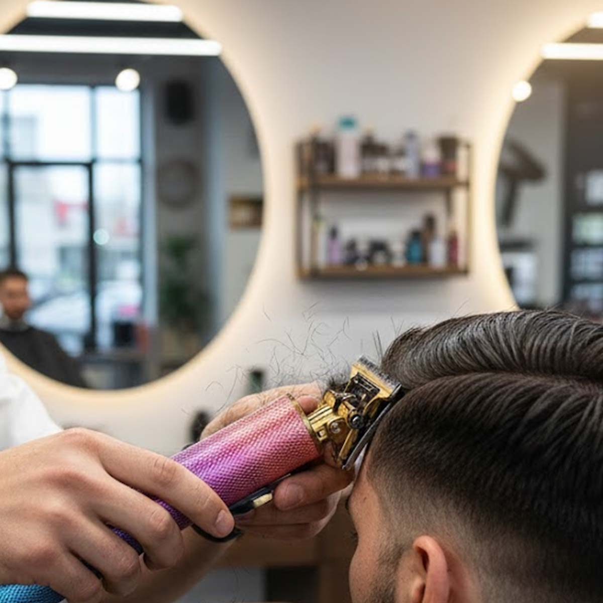 Un coiffeur coupe les cheveux d'un homme avec une tondeuse; des cheveux coupés sont visibles.