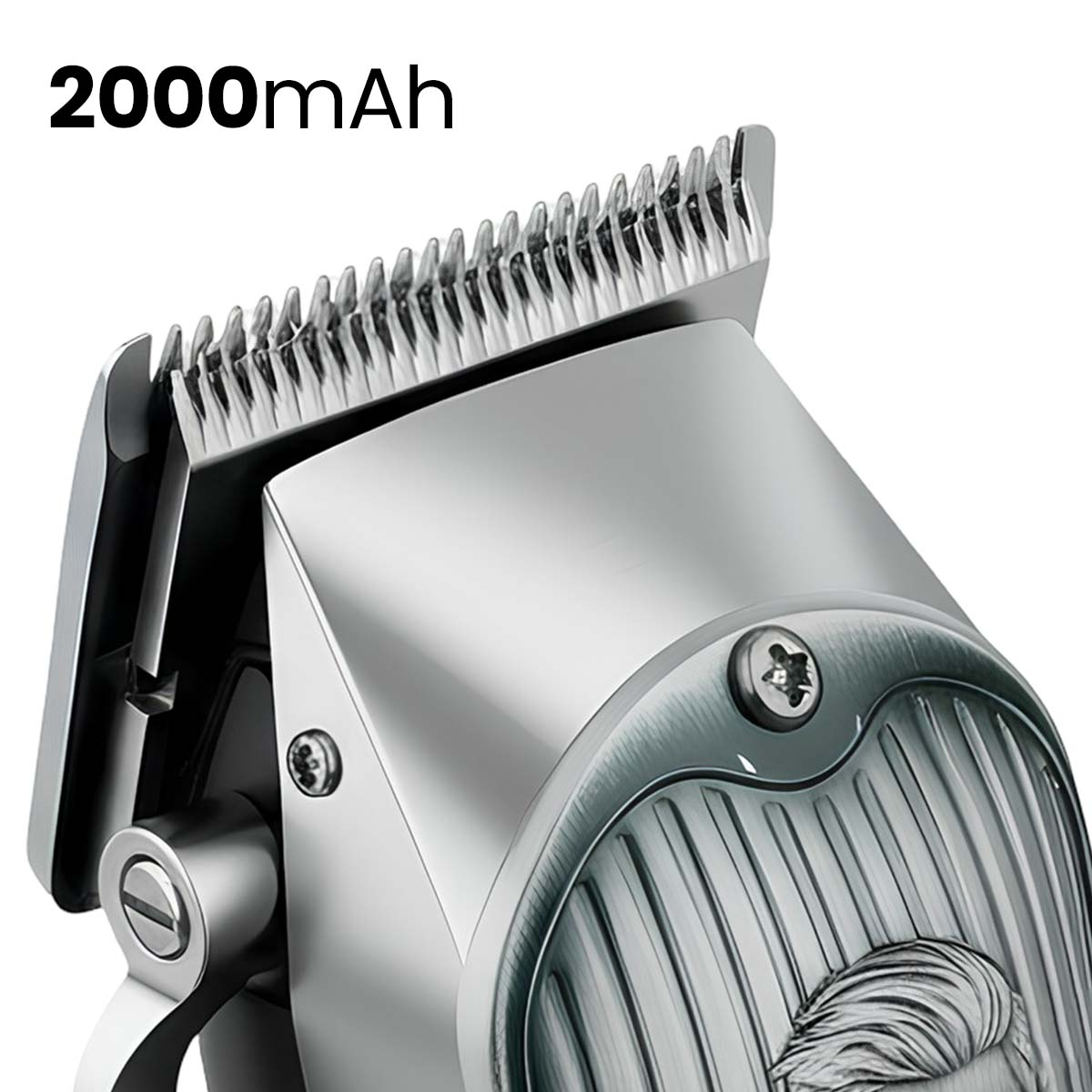 Primer plano de una cortapelos plateada con batería de 2000 mAh.