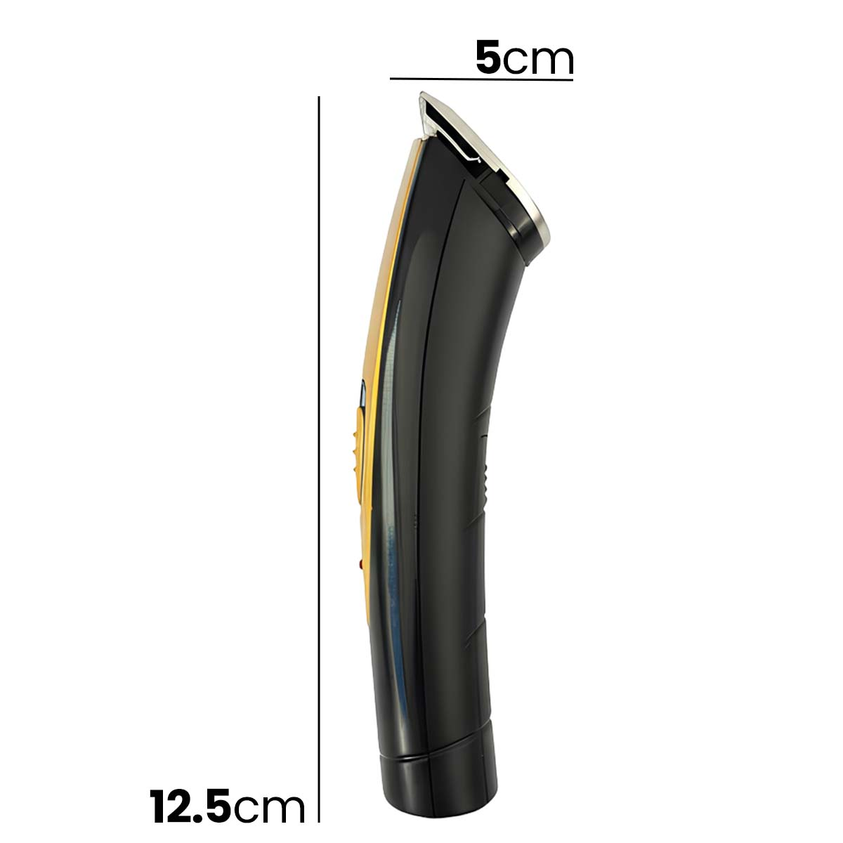 Tondeuse à cheveux noire et dorée, 12,5 cm de long et 5 cm de large.