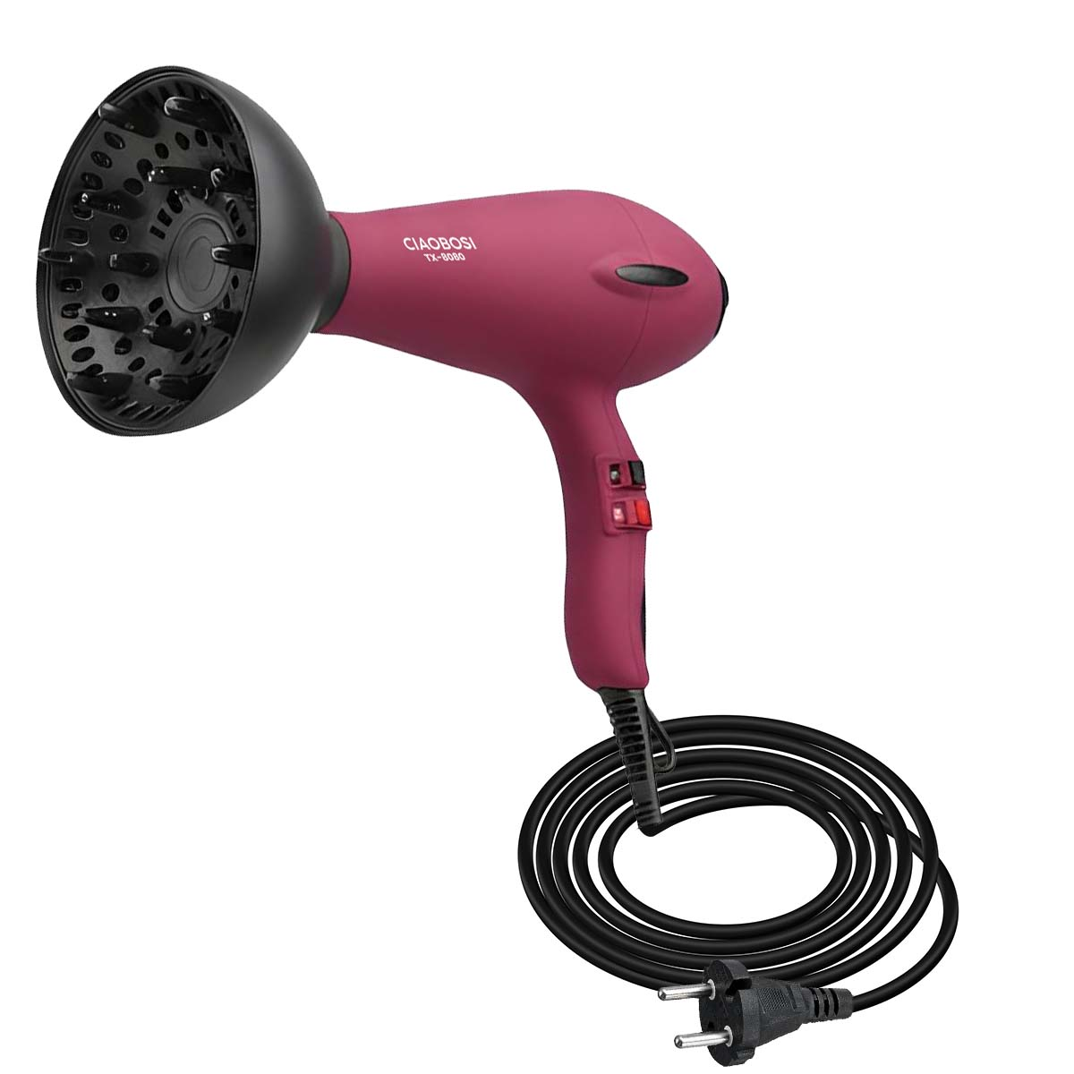 Ein pinker Haartrockner mit Diffusoraufsatz und schwarzem Kabel.