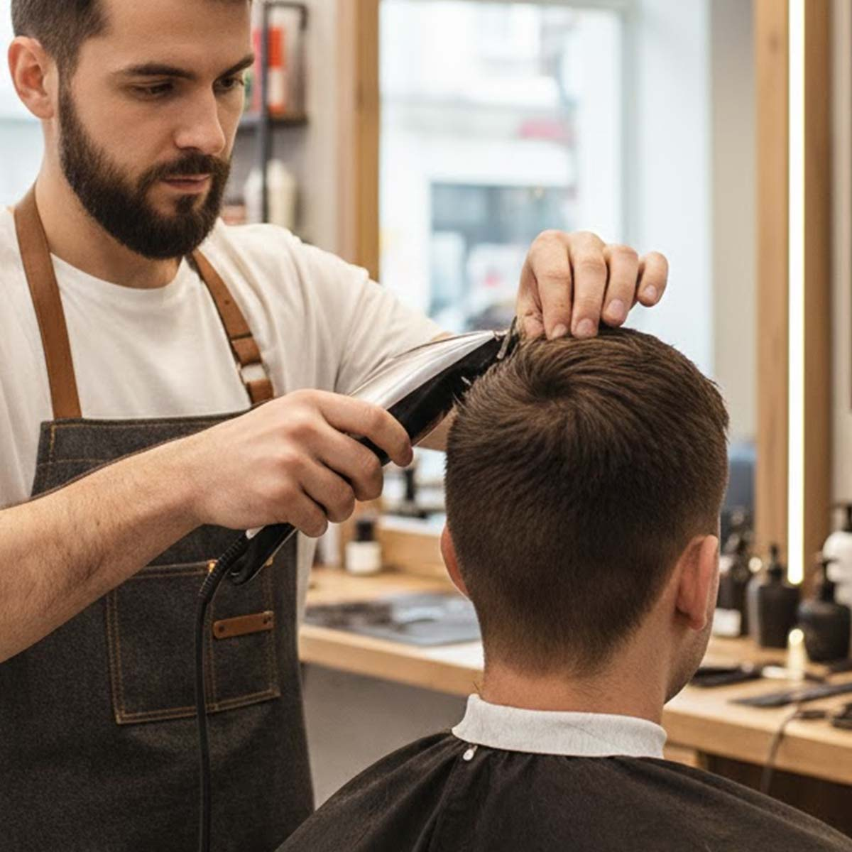 Un barbero con delantal corta el pelo a un hombre con una cortapelos eléctrica.
