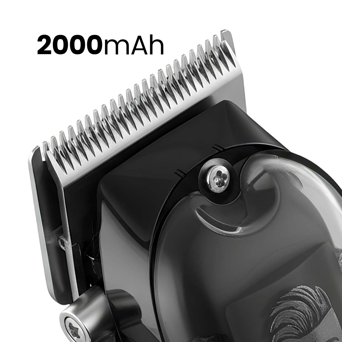 Primer plano de una cortapelos con cuchillas de metal y carcasa negra.