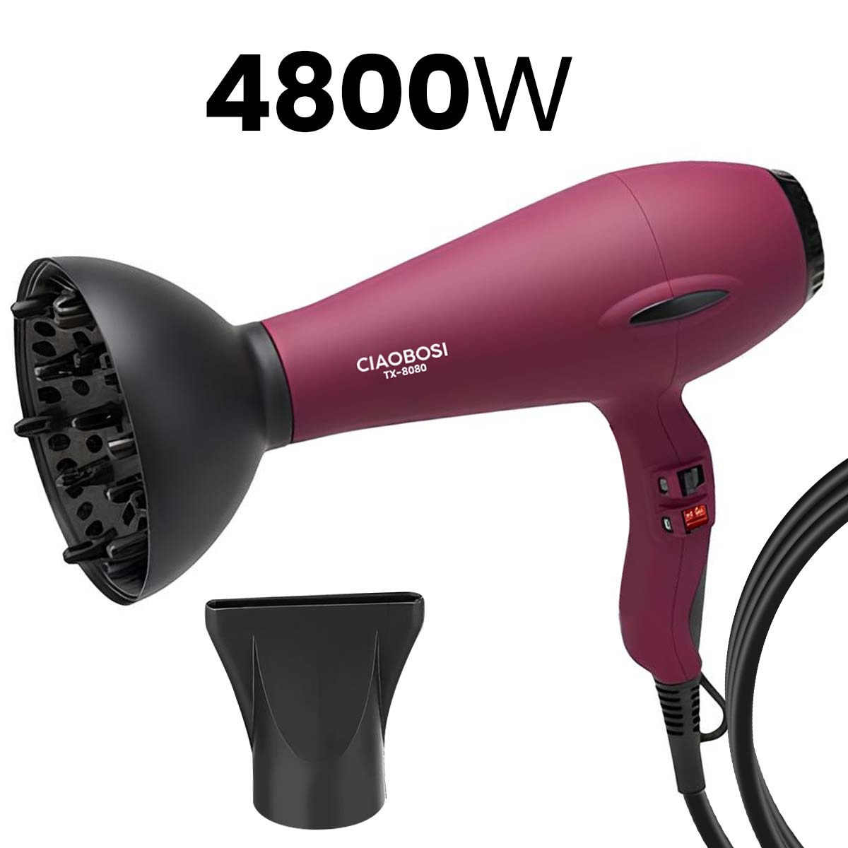 Ein lila Haartrockner mit Diffusor und Aufsatz, 4800W.