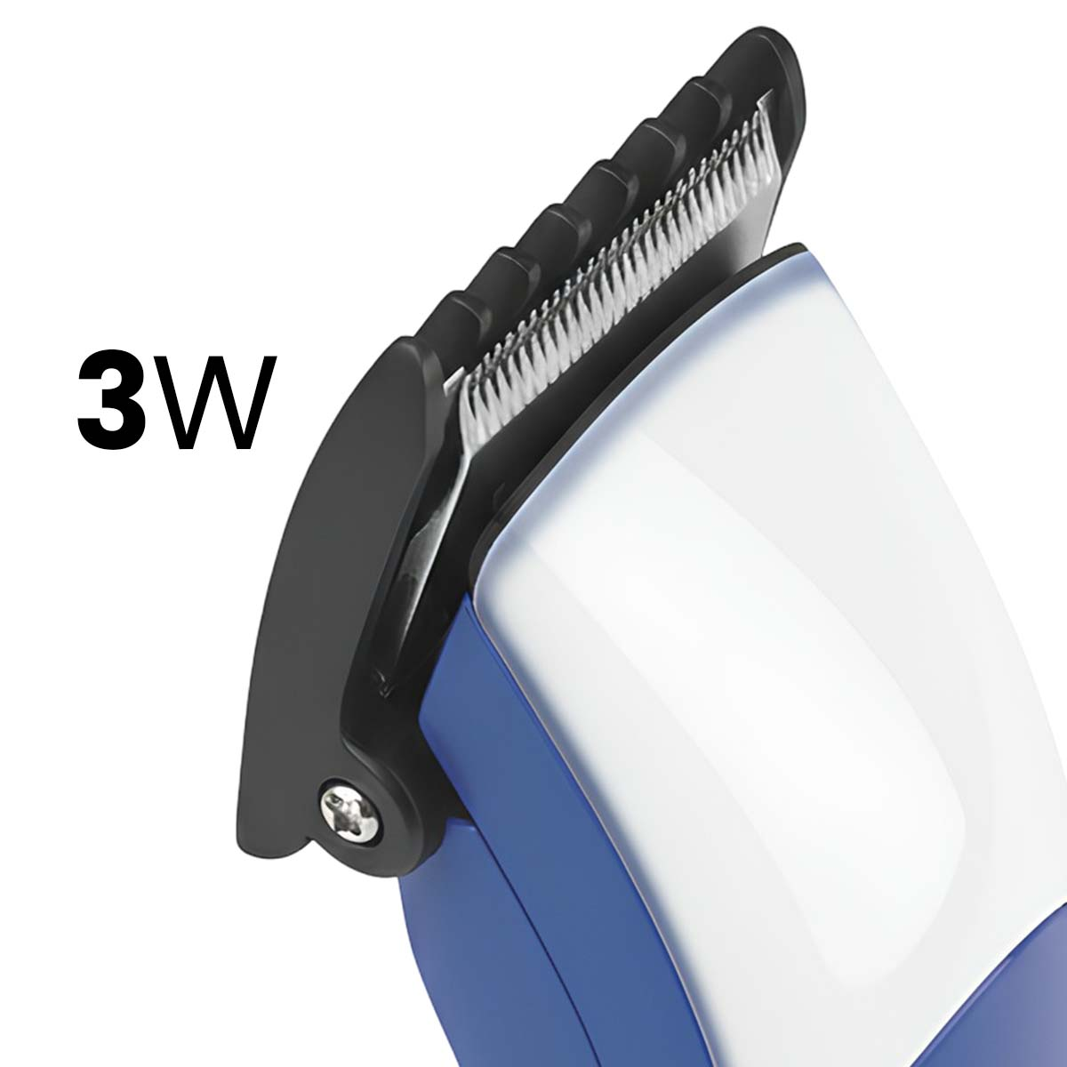 Gros plan d'une tondeuse bleue et blanche avec inscription '3W'.