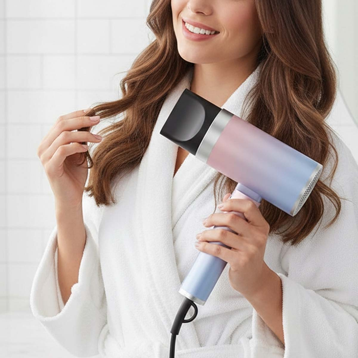 Femme en peignoir tient un sèche-cheveux bicolore rose et bleu.