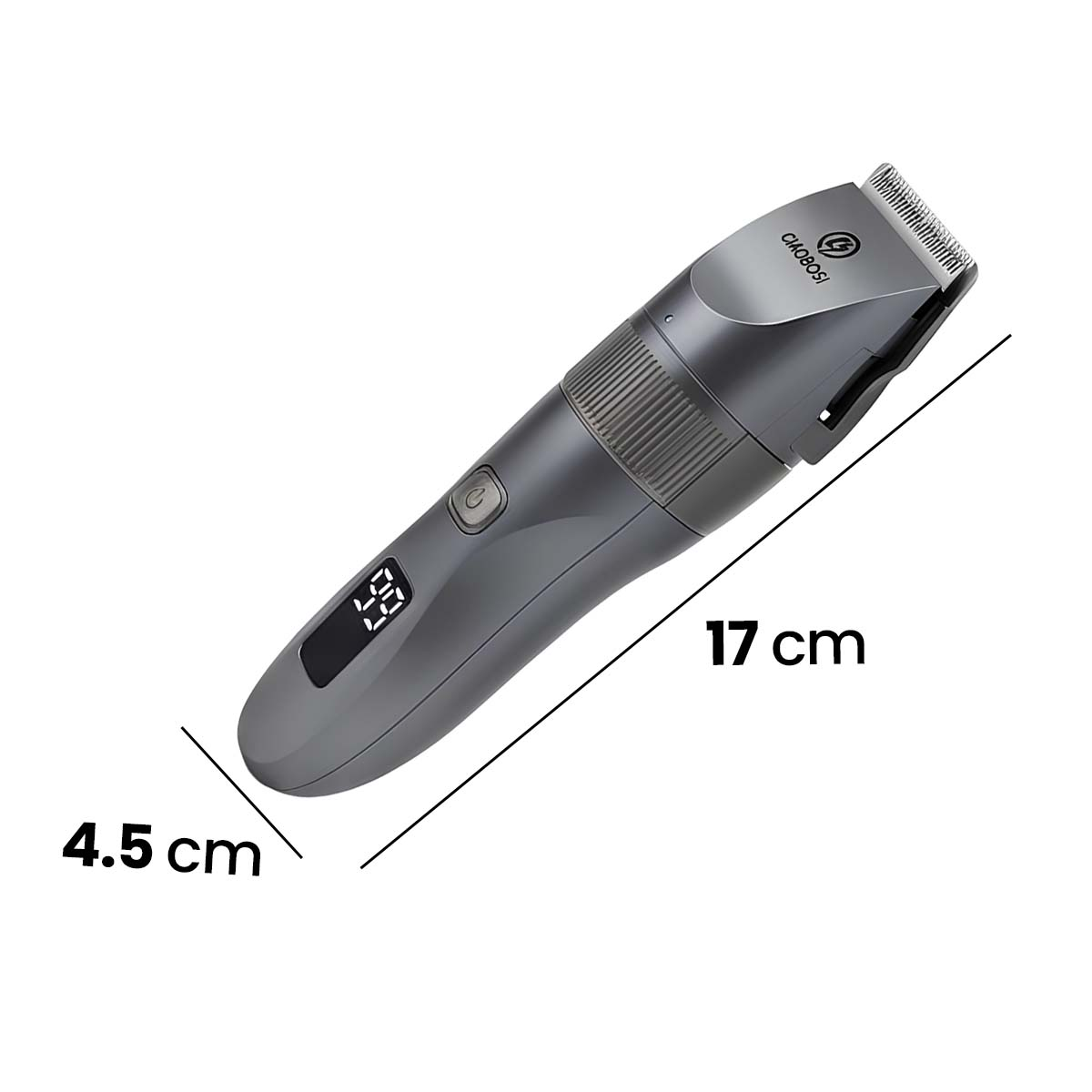 Tondeuse à cheveux grise avec écran numérique et dimensions.